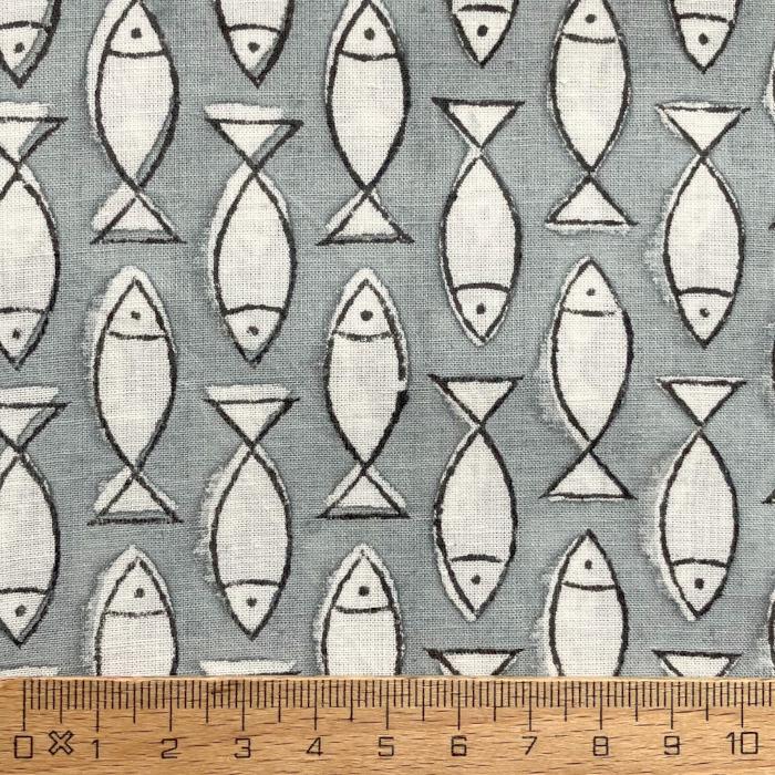 インド ブロックプリント生地 [50cm単位切売] サンガネリ 白いさかな on グレー 魚 フィッシュ IF0513 | 4枚目