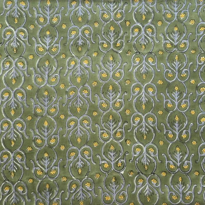 インド ブロックプリント生地 [50cm単位切売] サンガネリ イエローフラワー on セージグリーン IF0524