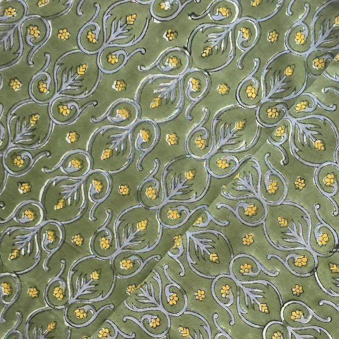 インド ブロックプリント生地 [50cm単位切売] サンガネリ イエローフラワー on セージグリーン IF0524 | 2枚目