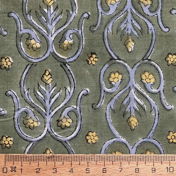 インド ブロックプリント生地 [50cm単位切売] サンガネリ イエローフラワー on セージグリーン IF0524 | 4枚目