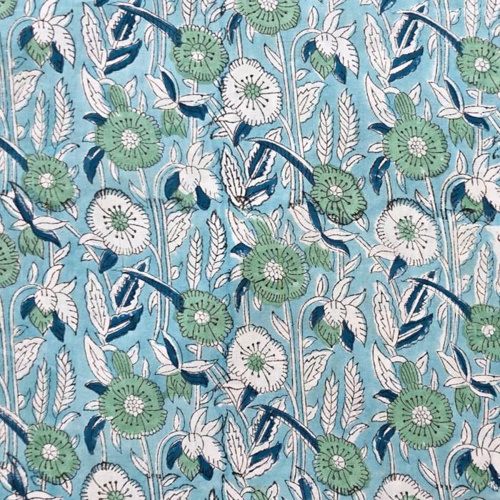 インド ブロックプリント生地 [50cm単位切売] サンガネリ 白&緑フラワー on ブルーIF0522 | 2枚目