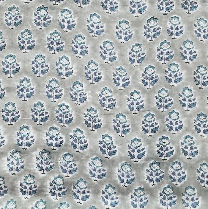 インド ブロックプリント生地 [50cm単位切売] サンガネリ ブルーフラワー on グレー IF0521 | 2枚目