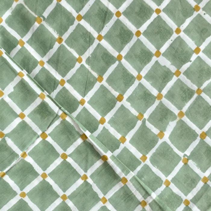 インド ブロックプリント生地 [50cm単位切売] サンガネリ 白抜きチェック on グレイッシュグリーン IF0511