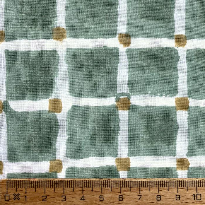 インド ブロックプリント生地 [50cm単位切売] サンガネリ 白抜きチェック on グレイッシュグリーン IF0511 | 4枚目