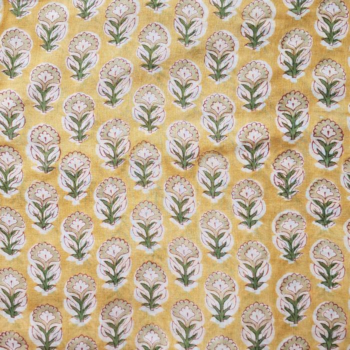 インド ブロックプリント生地 [50cm単位切売] サンガネリ ベージュフラワーonマスタードイエロー IF0516 | 2枚目