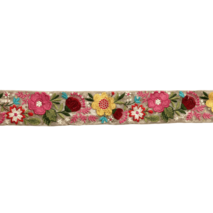 インド刺繍リボン50cm切り売り 黄＆桃フォークロア フラワー 5.3cm幅 花 HC  R-0858 | 3枚目