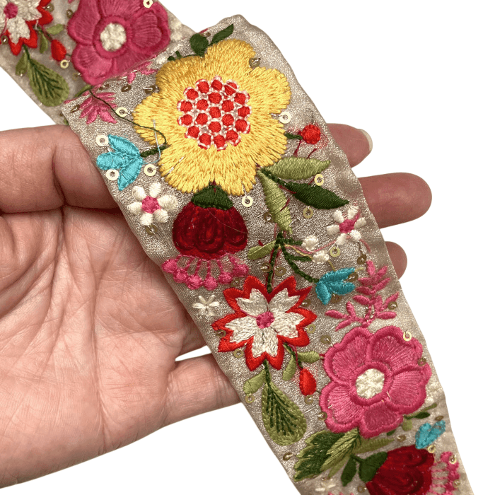 インド刺繍リボン50cm切り売り 黄＆桃フォークロア フラワー 5.3cm幅 花 HC  R-0858 | 4枚目