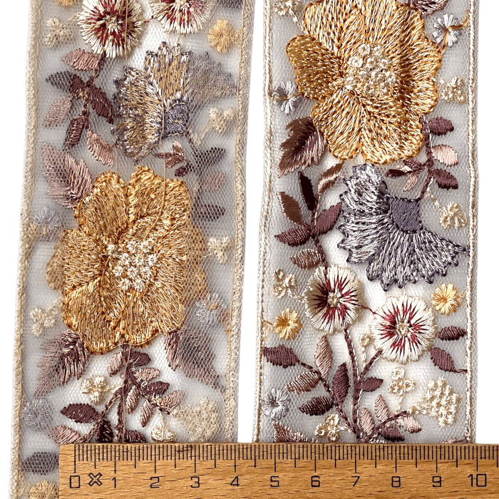 インド刺繍リボン50cm切り売り フラワー チュール ペールブルー地 5.7cm幅 花 HC　R-0862 | 5枚目