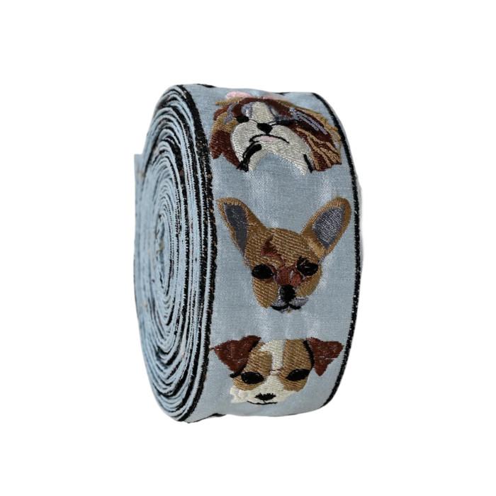 インド刺繍リボン50cm切り売り ドックフェイス 5.2cm ベビーブルー 犬 テリア シーズー  R-0866