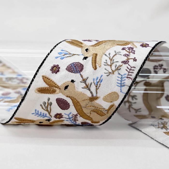 インド刺繍リボン50cm切り売り うさぎとエッグ on アイボリー 8.0cm幅 ラビット イースター R-0871 | 4枚目
