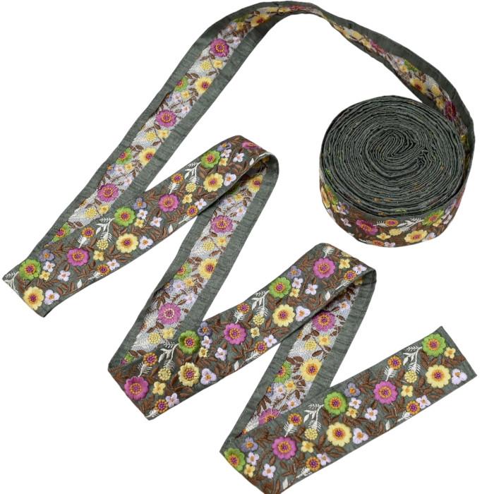 インド刺繍リボン50cm切り売り フォークロア フラワー on グリーン 5.4cm幅 花 HC R-0873 | 3枚目