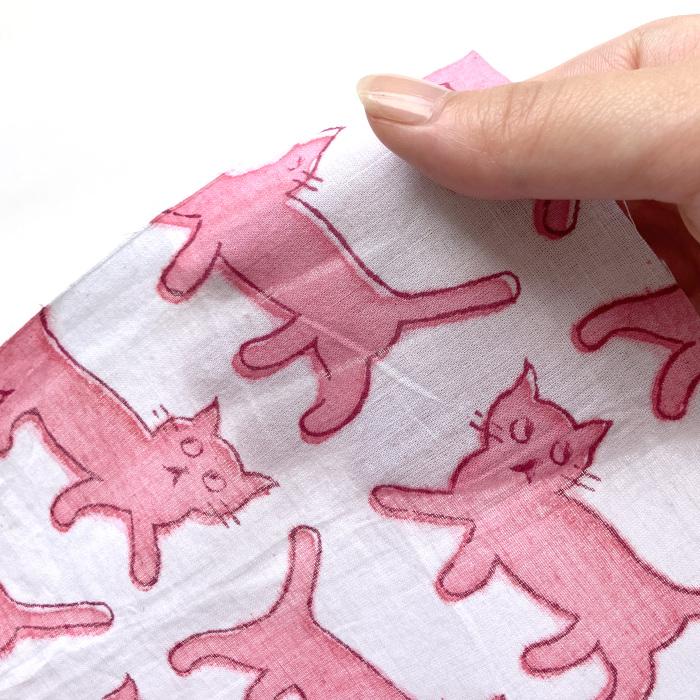 インド ブロックプリント生地 [43cm単位] キャット ピンク ライトホワイト地ファブリック 猫 ねこ IF0353 | 3枚目