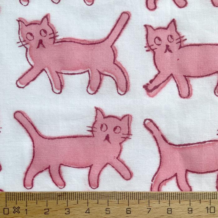インド ブロックプリント生地 [43cm単位] キャット ピンク ライトホワイト地ファブリック 猫 ねこ IF0353 | 4枚目