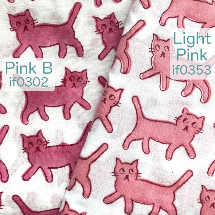 インド ブロックプリント生地 [43cm単位] キャット ピンク ライトホワイト地ファブリック 猫 ねこ IF0353 | 6枚目