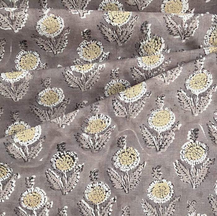インド ブロックプリント生地 [50cm単位切売] サンガネリ イエローフラワーonブラウン 花 MT IF03881枚目の画像