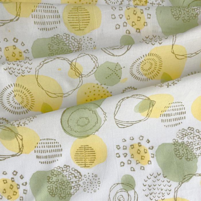 インド ブロックプリント生地 [50cm単位切売] サンガネリ バブルス イエロー＆グリーン系 花 SA IF03901枚目の画像