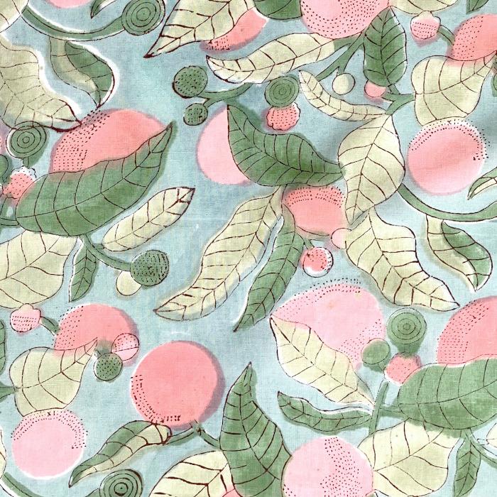 インド ブロックプリント生地[50cm単位切り売り] サンガネリ ピンクフルーツ 木の実 MT 花 IF0392 | 2枚目