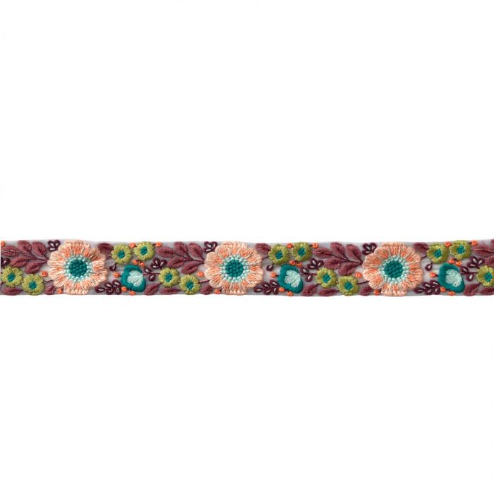 インド刺繍リボン50cm切り売り フォークロアフラワー チュールブルー地 4.3cm幅 花 R-0845 | 4枚目