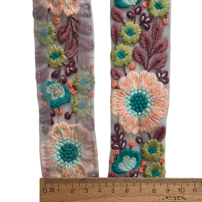 インド刺繍リボン50cm切り売り フォークロアフラワー チュールブルー地 4.3cm幅 花 R-0845 | 6枚目