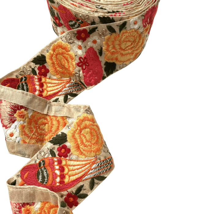 インド刺繍リボン50cm切り売り 小鳥とバラ 6.5cm幅 バード レッド ことり フラワー 赤 HC R-0854 | 2枚目