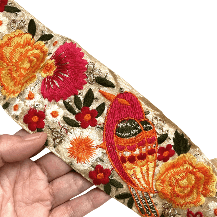 インド刺繍リボン50cm切り売り 小鳥とバラ 6.5cm幅 バード レッド ことり フラワー 赤 HC R-0854 | 4枚目