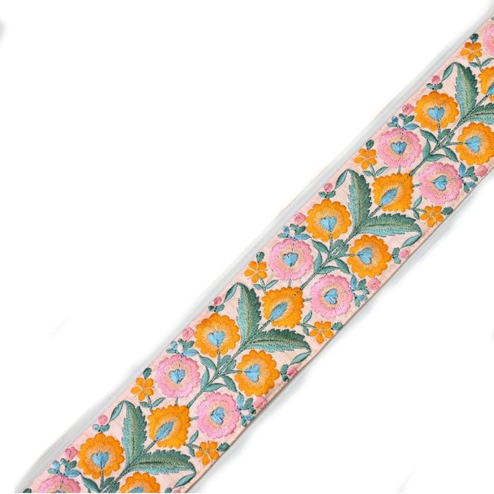 インド刺繍リボン50cm切売 タチアオイ ピンク地 6.8cm幅 花 立葵 フラワーHC R-0863 | 3枚目
