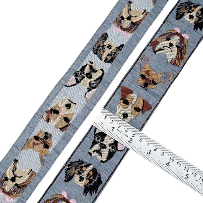 インド刺繍リボン50cm切り売り ドックフェイス 5.2cm ライトブルー 犬 テリア シーズー R-0865 | 4枚目
