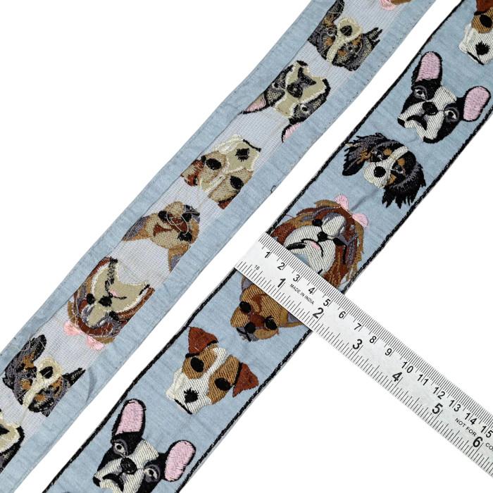 インド刺繍リボン50cm切り売り ドックフェイス 5.2cm ベビーブルー 犬 テリア シーズー R-0866 | 4枚目