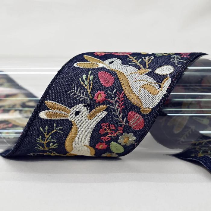 インド刺繍リボン50cm切り売り うさぎとエッグ on ネイビー 8.0cm幅 ラビット イースター R-0872 | 2枚目