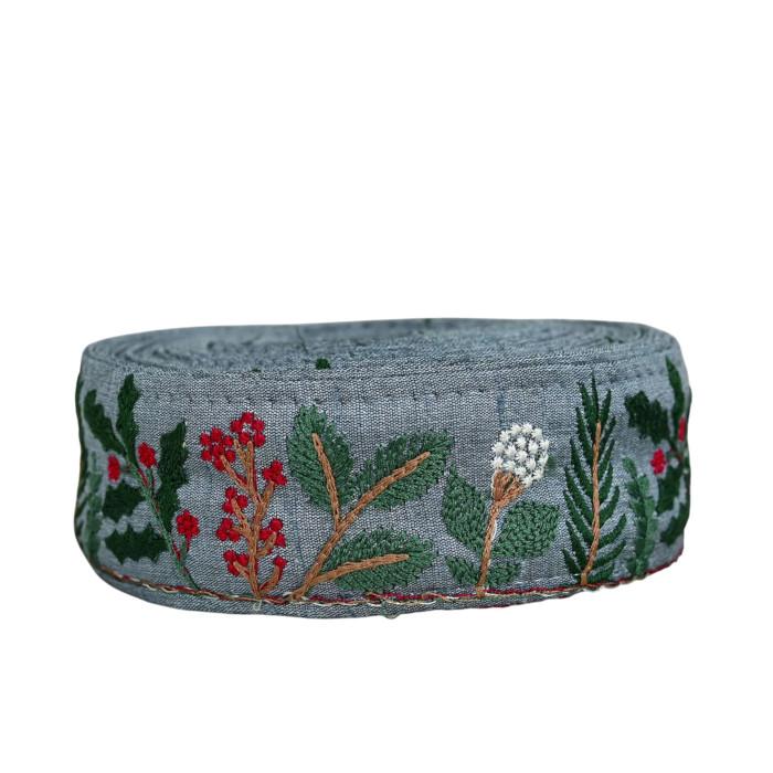 インド刺繍リボン50cm切り売り クリスマス プランツ ブルー 4.5cm幅 もみの木 HC HC R-0804 | 1枚目