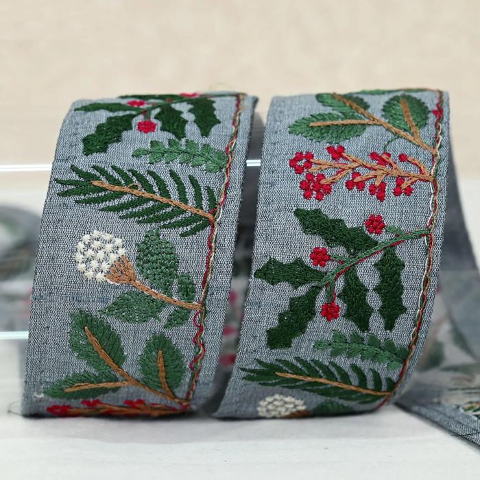 インド刺繍リボン50cm切り売り クリスマス プランツ ブルー 4.5cm幅 もみの木 HC HC R-0804 | 3枚目