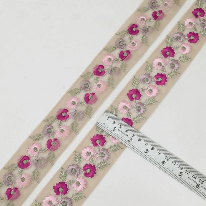 インド刺繍リボン50cm切り売り フラワー チュール ピンク地 4.5cm幅 花 HC R-0825 | 4枚目
